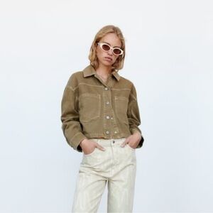 Zara Olive Green Denim Cropped Jacket Size Medium